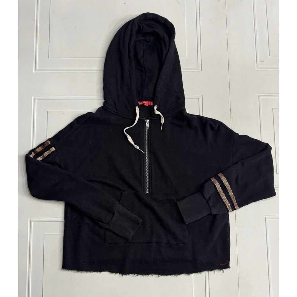 n: Philanthropy Womens Abbie Half-Zip Hoodie Hooded Sweatshirt Medium Black Gold